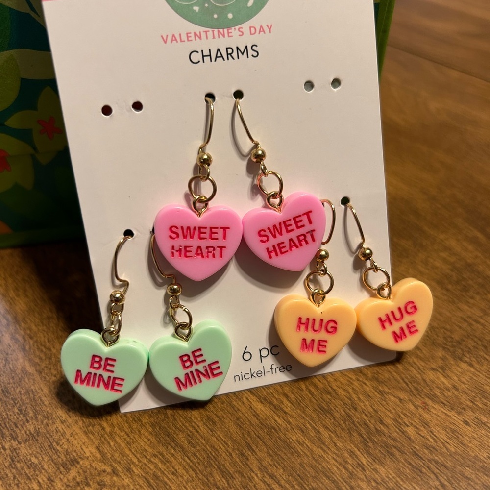 Valentine's Day Heart Charm Earrings Set - Pink, Green, Gold